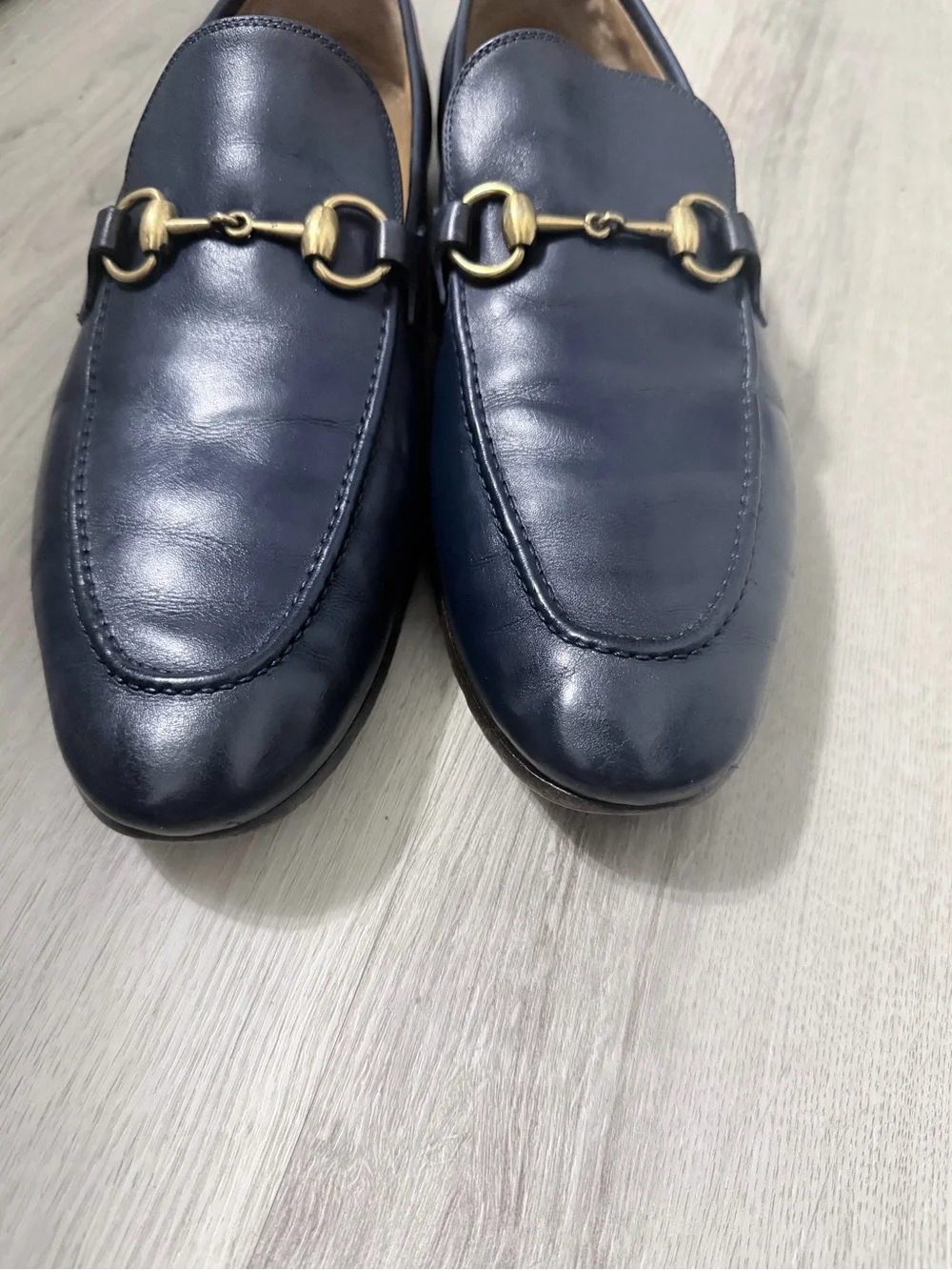 Gucci Jordaan Loafers Blue Leather Horse Bit Slip On 406994 Men 8 fits 10US Rare